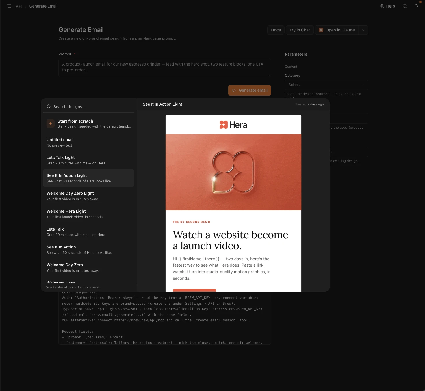 The Reference design picker: a searchable list of every email in the account with a full preview of the highlighted design
