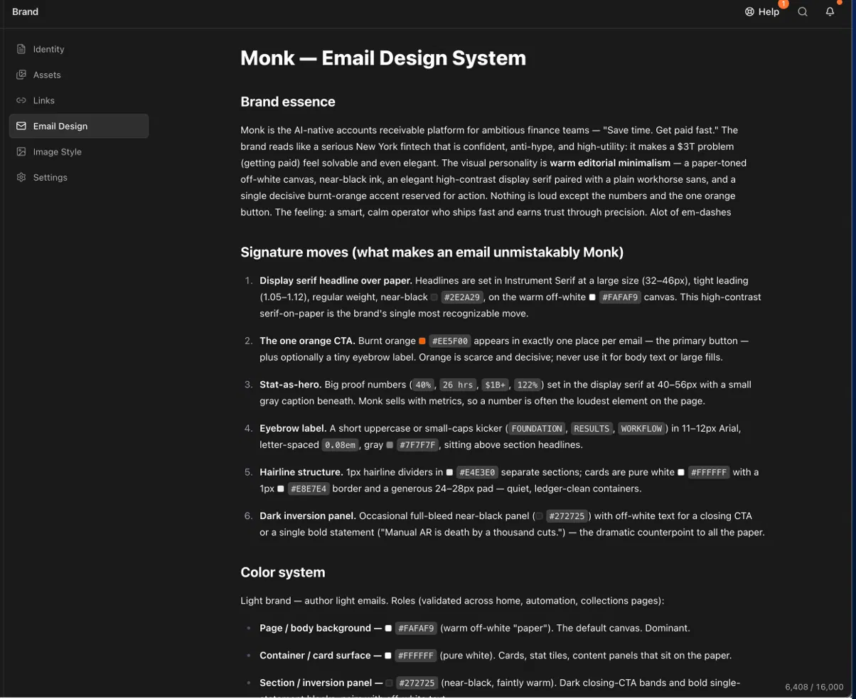 An email-design.md brand spec generated by Brew